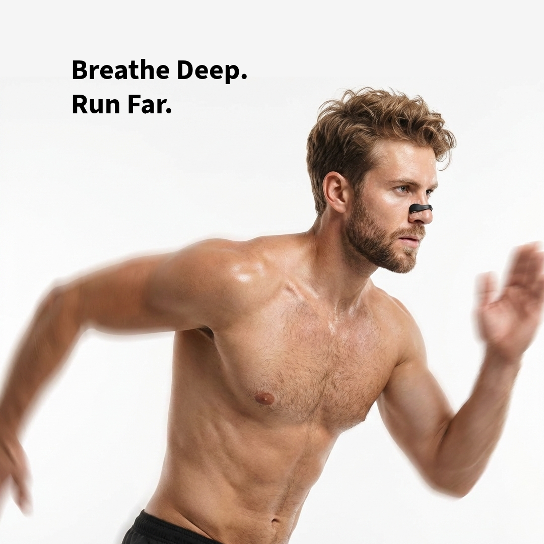 Man running with 'Breathe Deep. Run Far.' text on a white background
