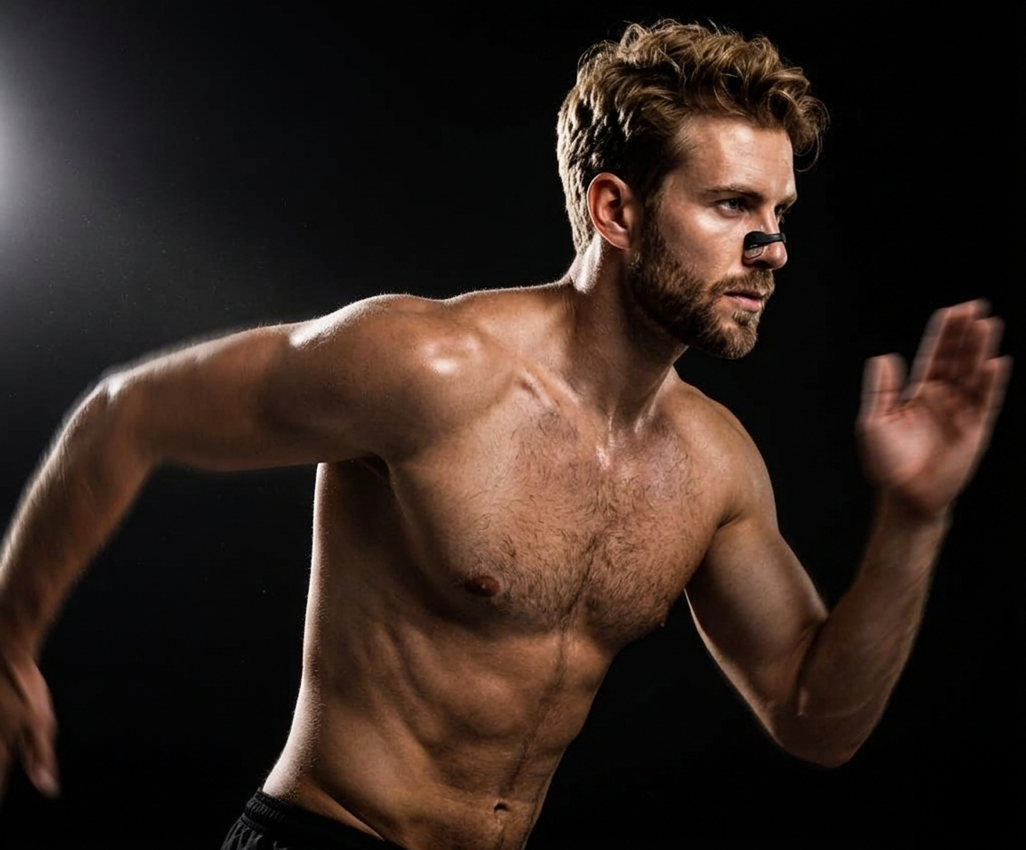 Muscular man with a black mark on his face against a dark background